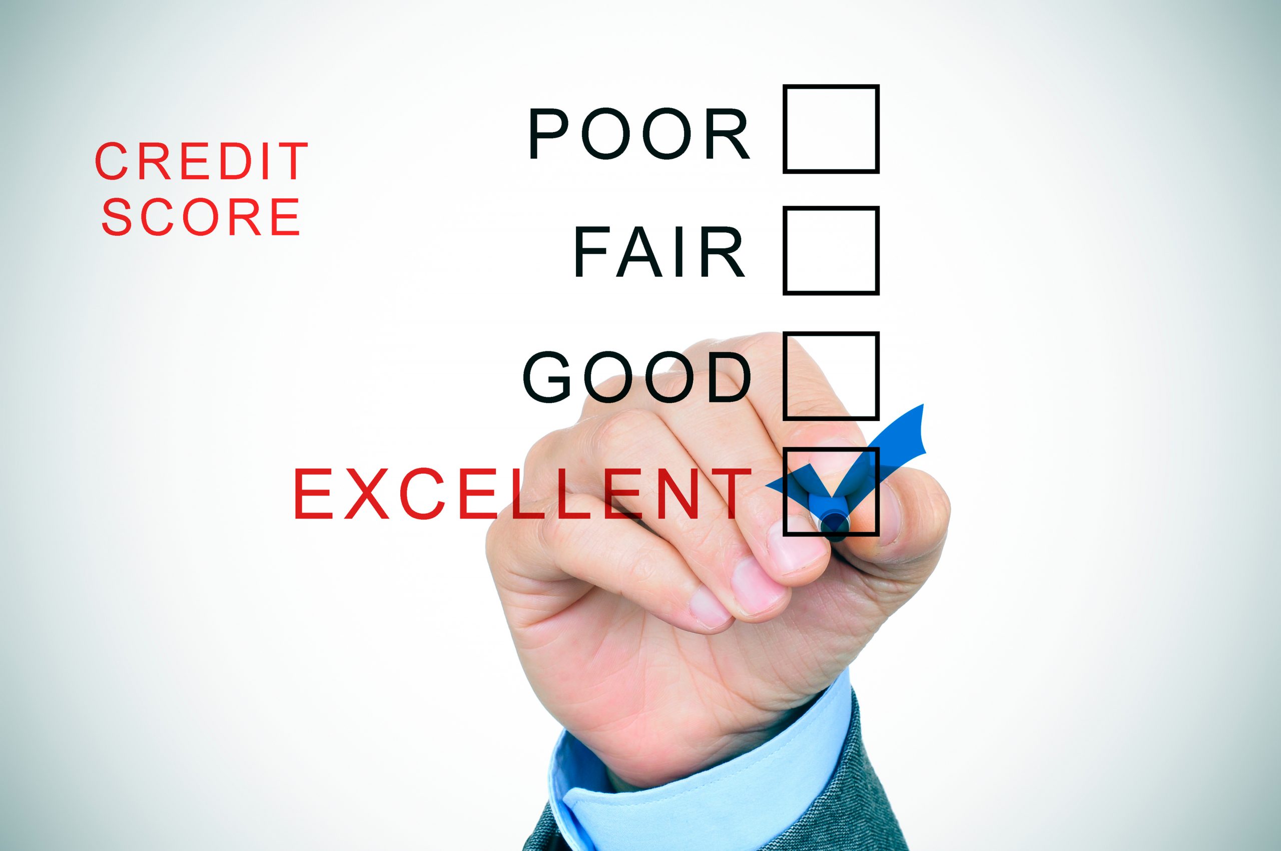 Closeup of the hand of a man in suit marking excellent from a list of the different ranges of the credit score: excellent, good, fair and poor