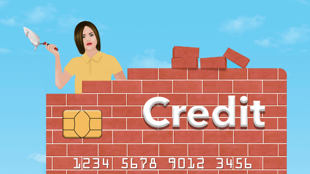 A young woman holds a trowel and mortar as she rebuilds a brick credit card outdoors. The theme is rebuilding or repairing your credit rating.