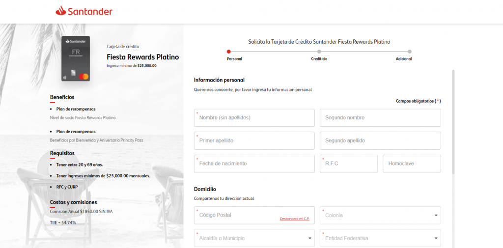 Completa el formulario web para solicitar la tarjeta de crédito Santander Fiesta Rewards
