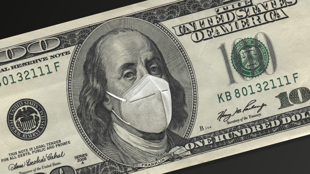 Dollar bill wearing a coronavirus protection mask.
