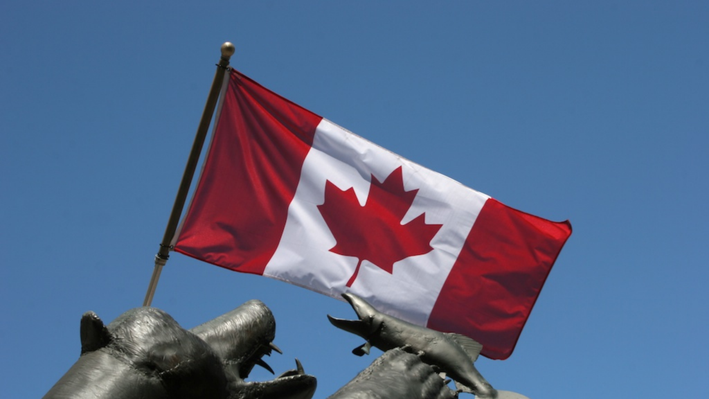 Bear symbol of canada with a fish in its mouth with canadian flag in the background