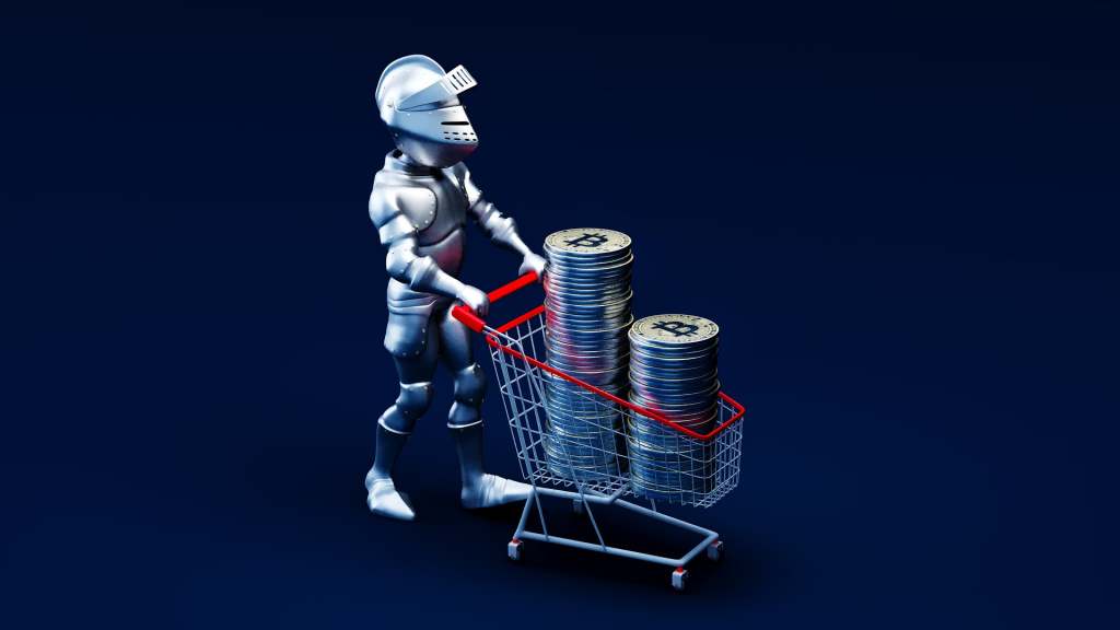 soldier dressed in medieval armor carrying bitcoin coins in a supermarket trolley