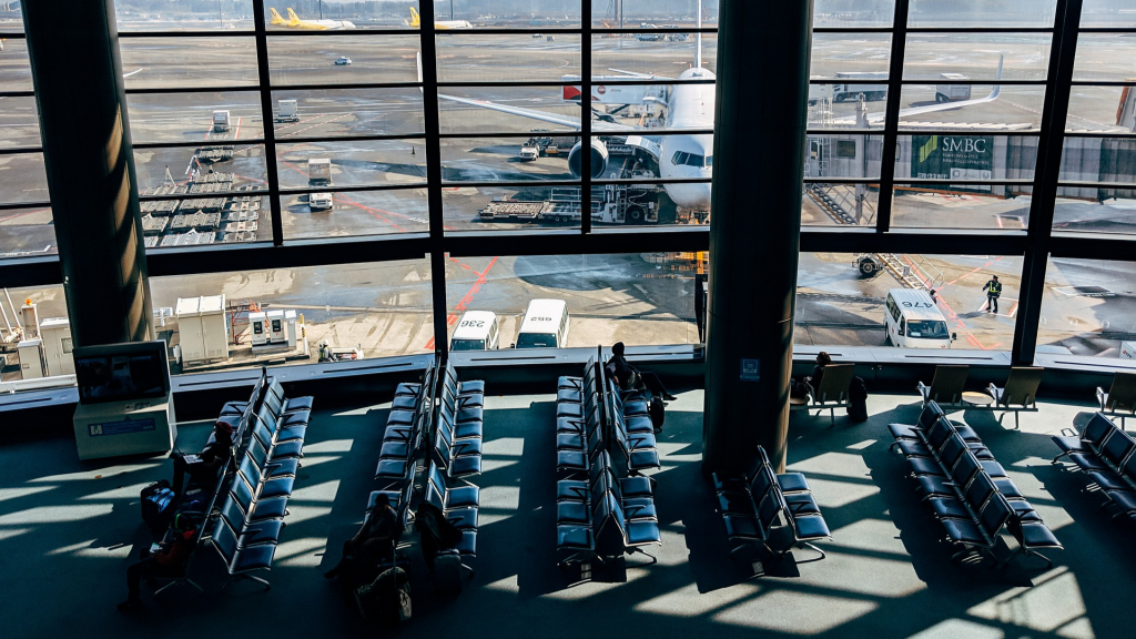 Almost empty airport lounge.