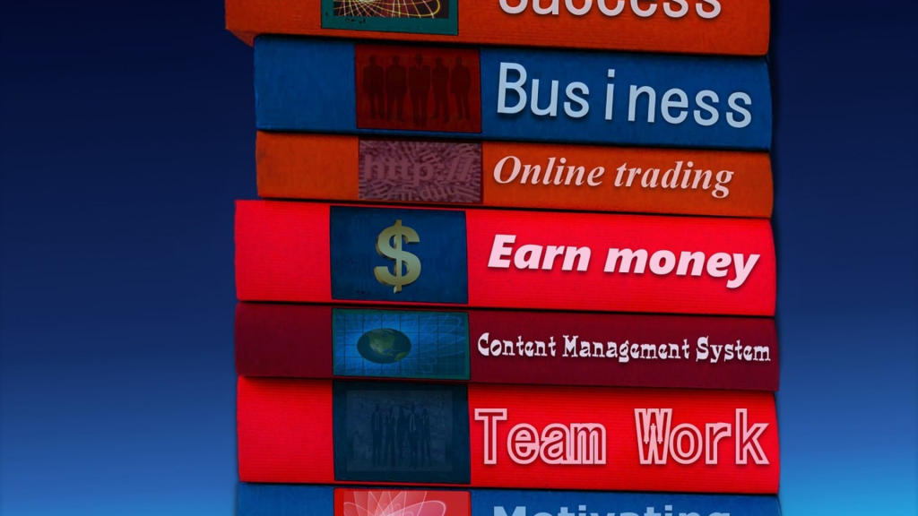 Stack of books about money, investments, work and management (finance books for beginners)
