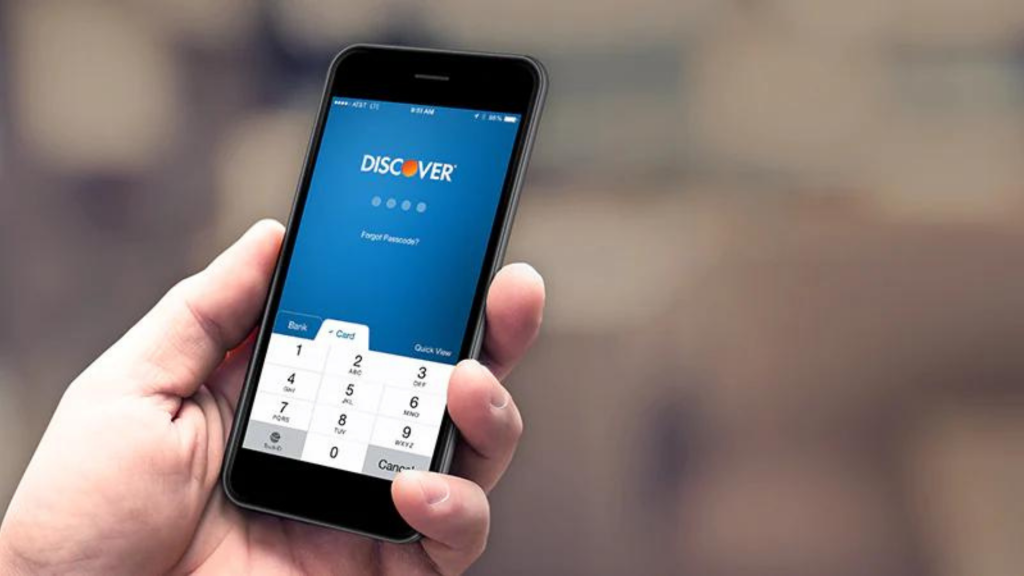 Mobile accessing the "Discover it® Mobile" app (apply Discover it® Secured card).