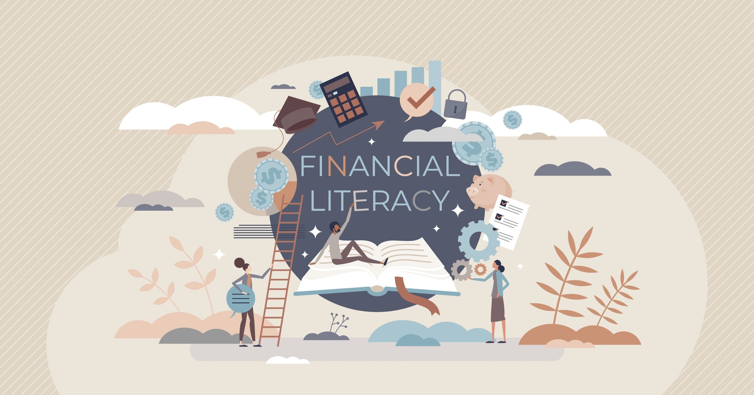 Financial literacy and education with learning from books tiny person concept. Economic knowledge and personal skills development with reading courses vector illustration.