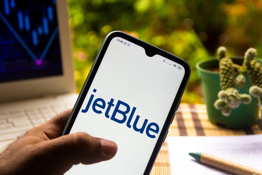 November 9, 2020, Brazil. In this photo illustration the JetBlue