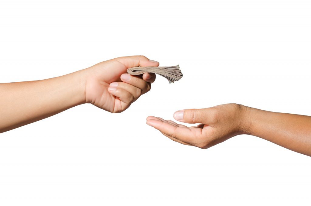 hand giving money cash on white background