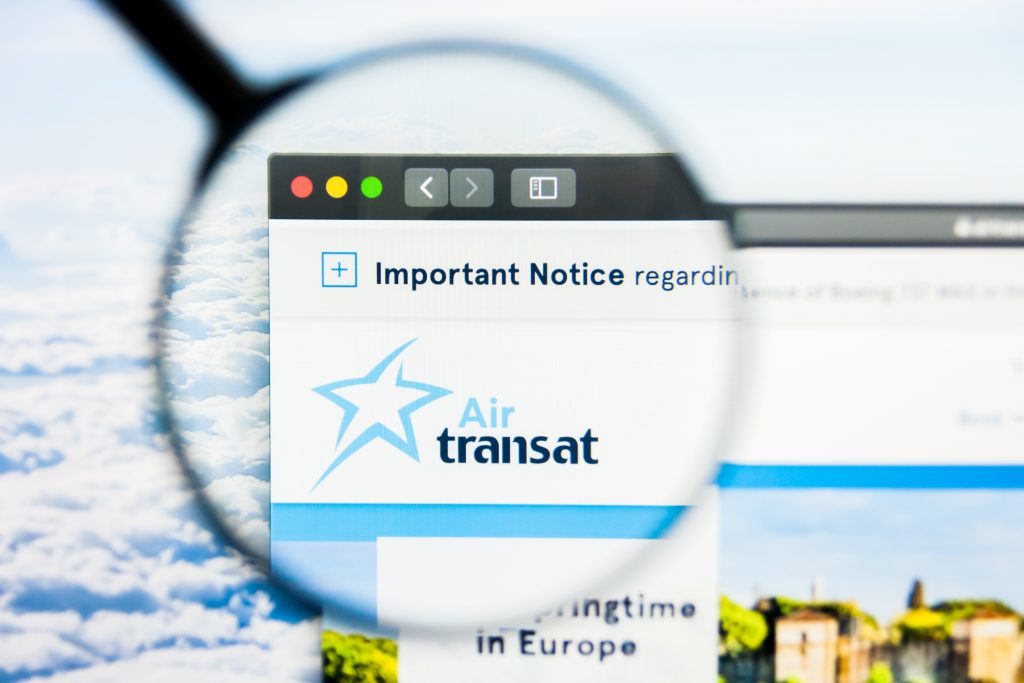 Los Angeles, California, USA - 21 March 2019: Illustrative Editorial of Air Transat website homepage. Air Transat logo visible on display screen.