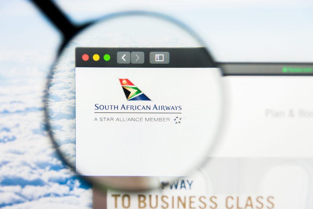 Los Angeles, California, USA - 21 March 2019: Illustrative Editorial of South African Airways website homepage. South African Airways logo visible on display screen.