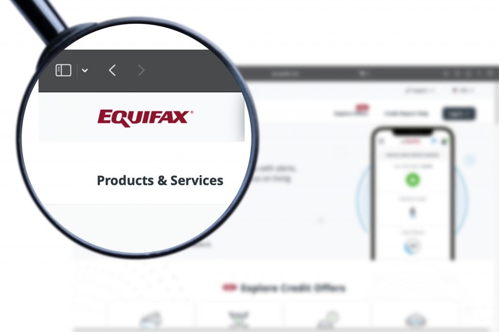 Milan, Italy - May 25, 2023: Equifax logo on the website homepage.